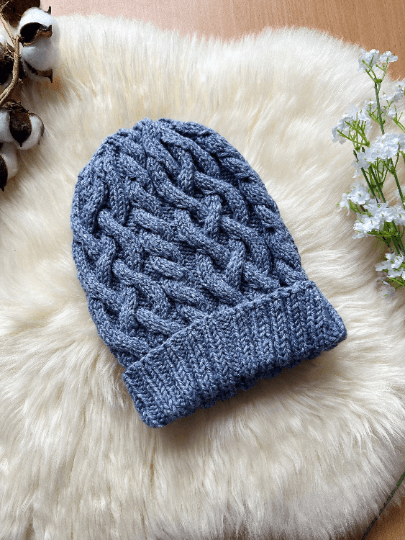 Handknit Light Blue Cable Knitted Beanie with Denim Effect | blue knit hat | adult women or men unisex beanie | Winter knit slouchy hat - TuttyKnitty