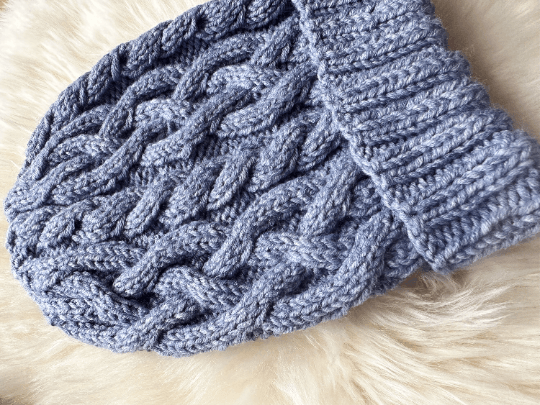 Handknit Light Blue Cable Knitted Beanie with Denim Effect | blue knit hat | adult women or men unisex beanie | Winter knit slouchy hat - TuttyKnitty