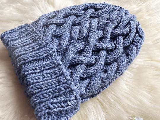 Handknit Light Blue Cable Knitted Beanie with Denim Effect | blue knit hat | adult women or men unisex beanie | Winter knit slouchy hat - TuttyKnitty