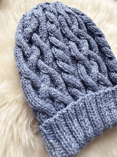 Handknit Light Blue Cable Knitted Beanie with Denim Effect | blue knit hat | adult women or men unisex beanie | Winter knit slouchy hat - TuttyKnitty