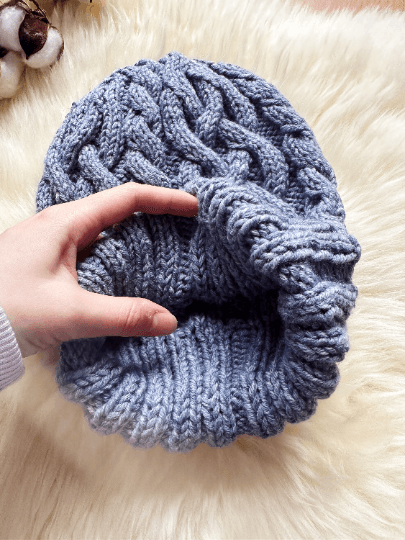 Handknit Light Blue Cable Knitted Beanie with Denim Effect | blue knit hat | adult women or men unisex beanie | Winter knit slouchy hat - TuttyKnitty