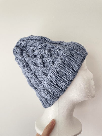 Handknit Light Blue Cable Knitted Beanie with Denim Effect | blue knit hat | adult women or men unisex beanie | Winter knit slouchy hat - TuttyKnitty