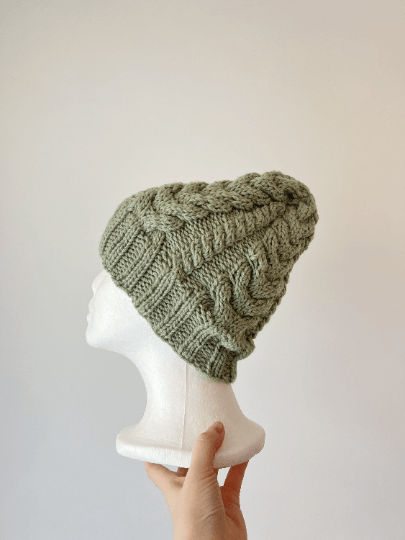 Handknit Sage green colour Cable Knitted | pastel colour autumn tone knit hat | adult women or men beanie | Winter knit briaded hatty light purple hat - TuttyKnitty