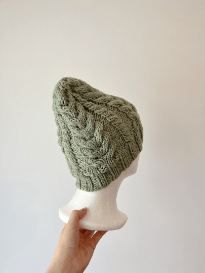 Handknit Sage green colour Cable Knitted | pastel colour autumn tone knit hat | adult women or men beanie | Winter knit briaded hatty light purple hat - TuttyKnitty