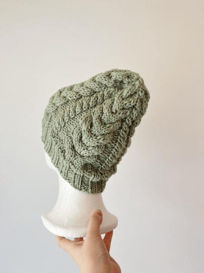 Handknit Sage green colour Cable Knitted | pastel colour autumn tone knit hat | adult women or men beanie | Winter knit briaded hatty light purple hat - TuttyKnitty