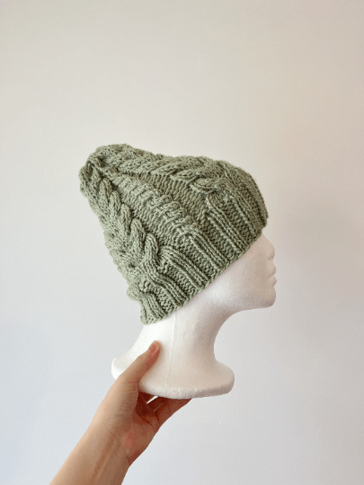 Handknit Sage green colour Cable Knitted | pastel colour autumn tone knit hat | adult women or men beanie | Winter knit briaded hatty light purple hat - TuttyKnitty