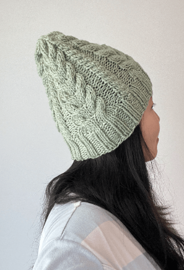 Handknit Sage green colour Cable Knitted | pastel colour autumn tone knit hat | adult women or men beanie | Winter knit briaded hatty light purple hat - TuttyKnitty