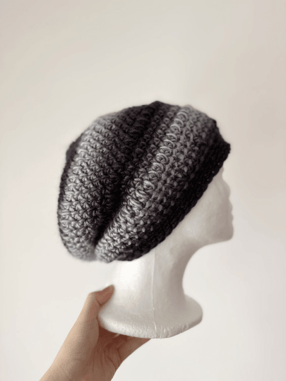 Handmade Crochet Slouchy Beanie | Bobble Beret | Slouchy Hat in black white ombre colour| Knit beanie in monotone | Knit winter hat - TuttyKnitty