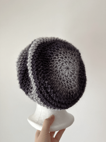 Handmade Crochet Slouchy Beanie | Bobble Beret | Slouchy Hat in black white ombre colour| Knit beanie in monotone | Knit winter hat - TuttyKnitty