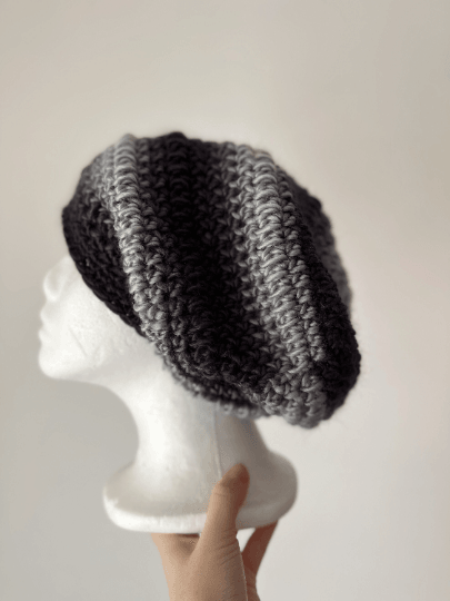 Handmade Crochet Slouchy Beanie | Bobble Beret | Slouchy Hat in black white ombre colour| Knit beanie in monotone | Knit winter hat - TuttyKnitty