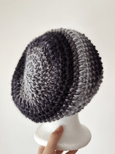 Handmade Crochet Slouchy Beanie | Bobble Beret | Slouchy Hat in black white ombre colour| Knit beanie in monotone | Knit winter hat - TuttyKnitty