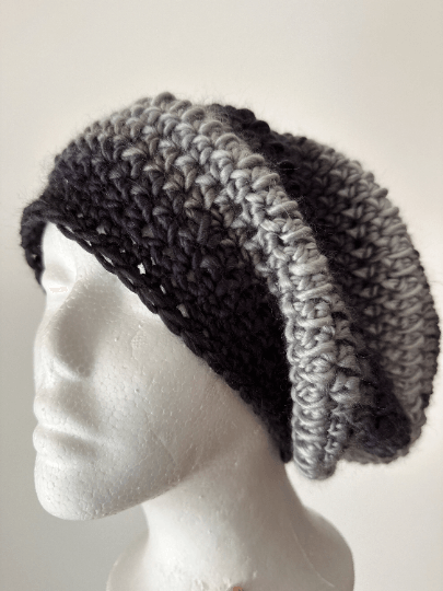 Handmade Crochet Slouchy Beanie | Bobble Beret | Slouchy Hat in black white ombre colour| Knit beanie in monotone | Knit winter hat - TuttyKnitty