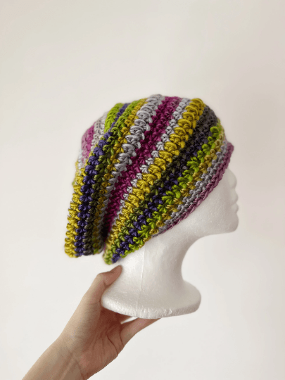 Handmade Crochet Slouchy Beanie | Bobble Beret | Slouchy Hat in bright vibrant candy colour| Knit beanie in colourful wildflowers | Knit winter hat - TuttyKnitty