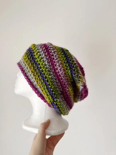 Handmade Crochet Slouchy Beanie | Bobble Beret | Slouchy Hat in bright vibrant candy colour| Knit beanie in colourful wildflowers | Knit winter hat - TuttyKnitty