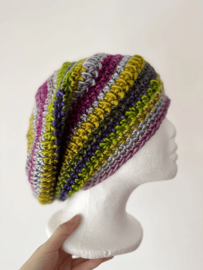 Handmade Crochet Slouchy Beanie | Bobble Beret | Slouchy Hat in bright vibrant candy colour| Knit beanie in colourful wildflowers | Knit winter hat - TuttyKnitty