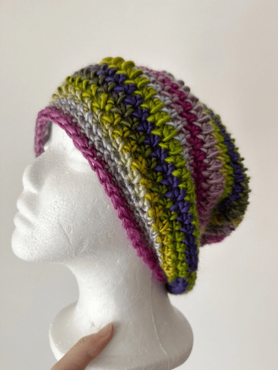 Handmade Crochet Slouchy Beanie | Bobble Beret | Slouchy Hat in bright vibrant candy colour| Knit beanie in colourful wildflowers | Knit winter hat - TuttyKnitty