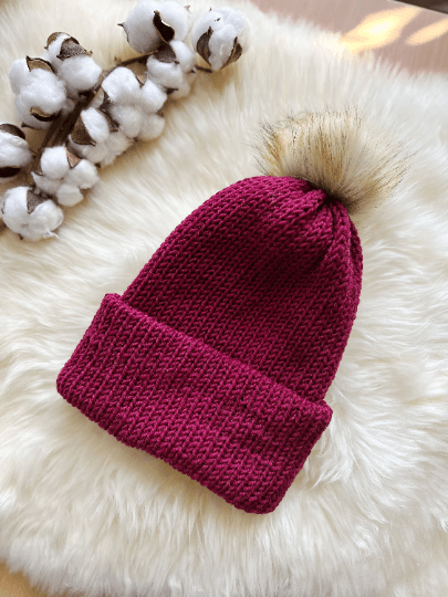 Handmade Double layered Knit beanie with faux fur pompom | Fur Pom Pom hat | Winter Knit Hat | Australian merino wool burgundy hat - TuttyKnitty