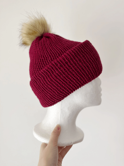 Handmade Double layered Knit beanie with faux fur pompom | Fur Pom Pom hat | Winter Knit Hat | Australian merino wool burgundy hat - TuttyKnitty