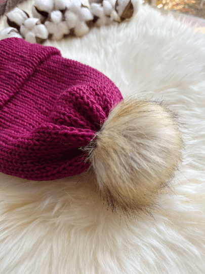 Handmade Double layered Knit beanie with faux fur pompom | Fur Pom Pom hat | Winter Knit Hat | Australian merino wool burgundy hat - TuttyKnitty