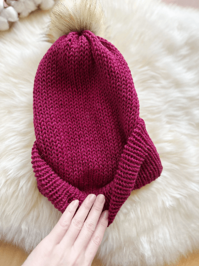 Handmade Double layered Knit beanie with faux fur pompom | Fur Pom Pom hat | Winter Knit Hat | Australian merino wool burgundy hat - TuttyKnitty