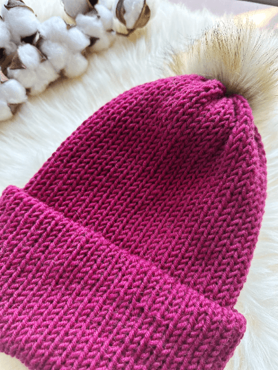 Handmade Double layered Knit beanie with faux fur pompom | Fur Pom Pom hat | Winter Knit Hat | Australian merino wool burgundy hat - TuttyKnitty