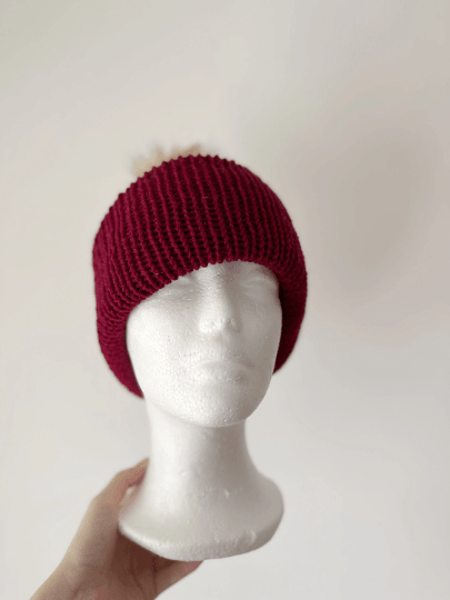 Handmade Double layered Knit beanie with faux fur pompom | Fur Pom Pom hat | Winter Knit Hat | Australian merino wool burgundy hat - TuttyKnitty