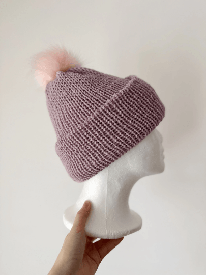 Handmade Double layered Knit beanie with faux fur pompom | Fur Pom Pom hat | Winter Knit Hat | Australian wool dusty light purple hat - TuttyKnitty