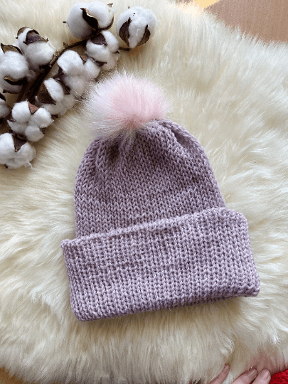 Handmade Double layered Knit beanie with faux fur pompom | Fur Pom Pom hat | Winter Knit Hat | Australian wool dusty light purple hat - TuttyKnitty