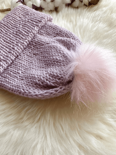 Handmade Double layered Knit beanie with faux fur pompom | Fur Pom Pom hat | Winter Knit Hat | Australian wool dusty light purple hat - TuttyKnitty