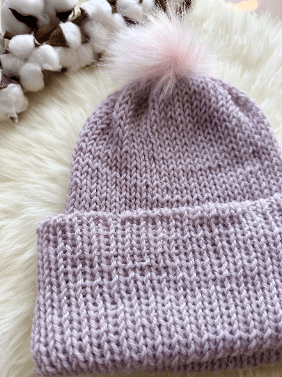 Handmade Double layered Knit beanie with faux fur pompom | Fur Pom Pom hat | Winter Knit Hat | Australian wool dusty light purple hat - TuttyKnitty