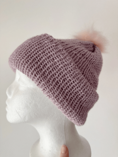 Handmade Double layered Knit beanie with faux fur pompom | Fur Pom Pom hat | Winter Knit Hat | Australian wool dusty light purple hat - TuttyKnitty