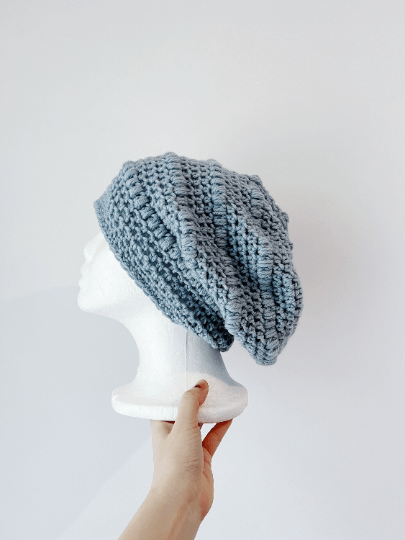 Handmade Dusty blue crochet Slouchy Beanie | Crochet Beret | Slouchy Hat in light blue | Knit beanie in blue purple | cozy winter beret hat - TuttyKnitty