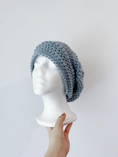 Handmade Dusty blue crochet Slouchy Beanie | Crochet Beret | Slouchy Hat in light blue | Knit beanie in blue purple | cozy winter beret hat - TuttyKnitty