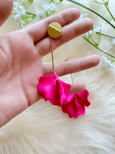 Hot pink flower earrings | dangle petals baroque earrings | unique gold geometric floral earrings | bridal party wedding earrings - TuttyKnitty