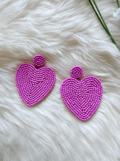 I HEART YOU Golden heart shaped earrings embossed | pink beaded oversize statement earrings | gold love earrings valentine - TuttyKnitty