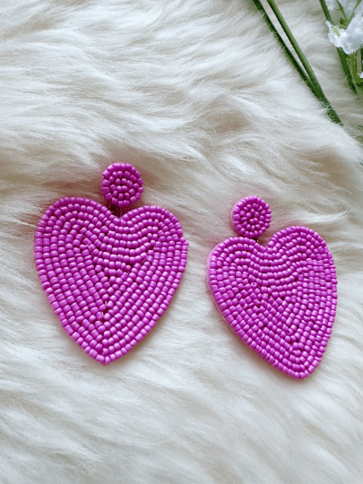 I HEART YOU Golden heart shaped earrings embossed | pink beaded oversize statement earrings | gold love earrings valentine - TuttyKnitty