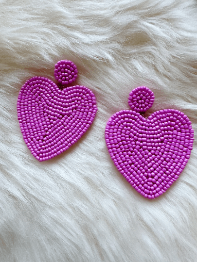 I HEART YOU Golden heart shaped earrings embossed | pink beaded oversize statement earrings | gold love earrings valentine - TuttyKnitty