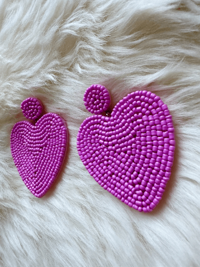 I HEART YOU Golden heart shaped earrings embossed | pink beaded oversize statement earrings | gold love earrings valentine - TuttyKnitty