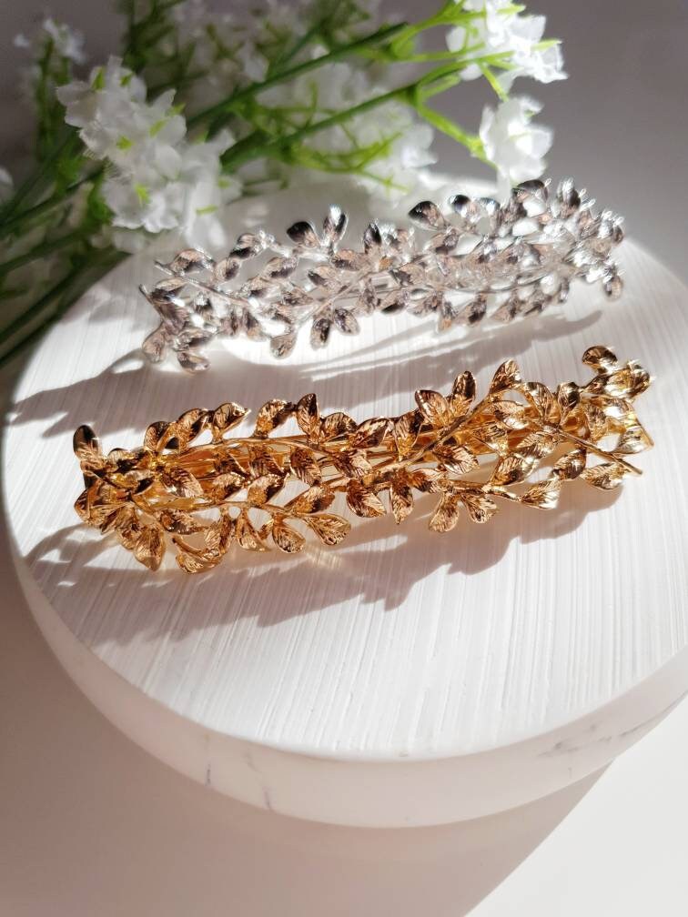 Golden leaf hair clip | Vein Leaf french barrette clips| korean bridal hair accessories| Gold art hair clip | gift for her