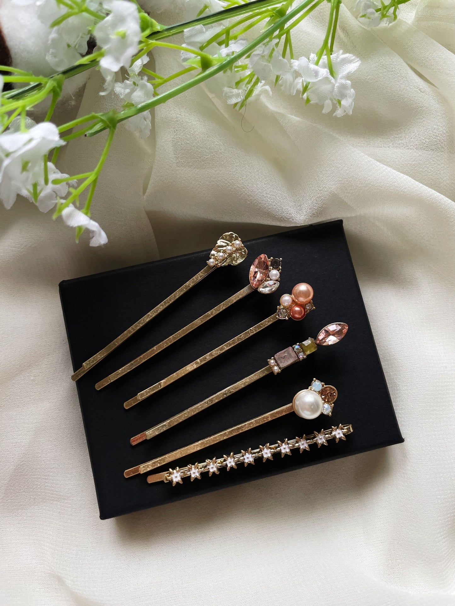 6 pack Vintage brass hair pins with rhinestones and resin stones | floral bobby pins | korean hair accessories | vintage hair slides