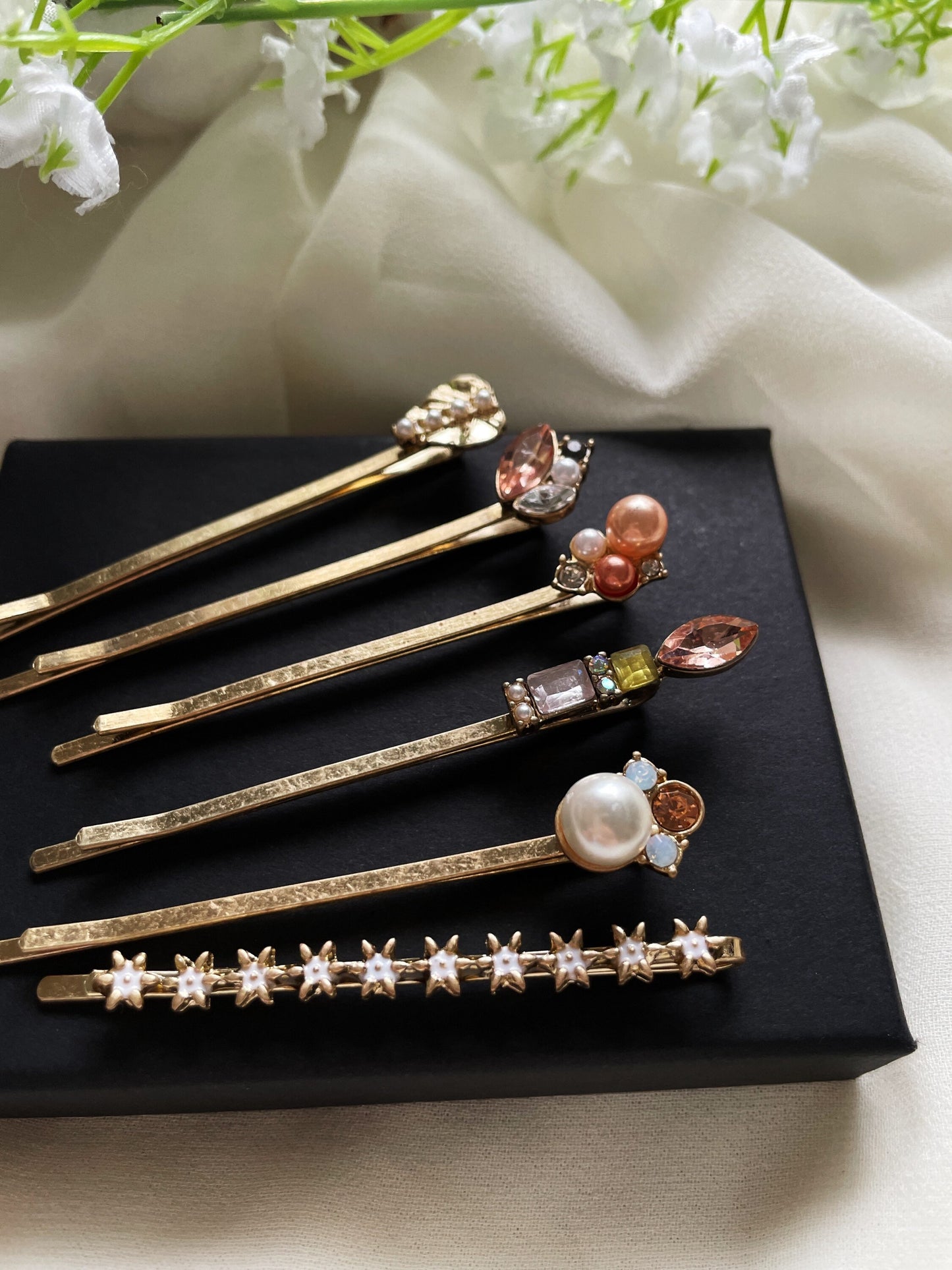 6 pack Vintage brass hair pins with rhinestones and resin stones | floral bobby pins | korean hair accessories | vintage hair slides