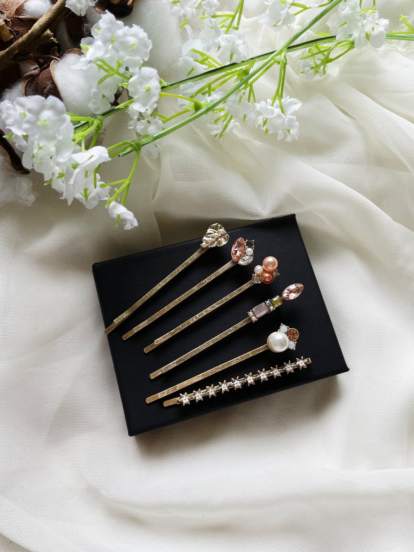 6 pack Vintage brass hair pins with rhinestones and resin stones | floral bobby pins | korean hair accessories | vintage hair slides