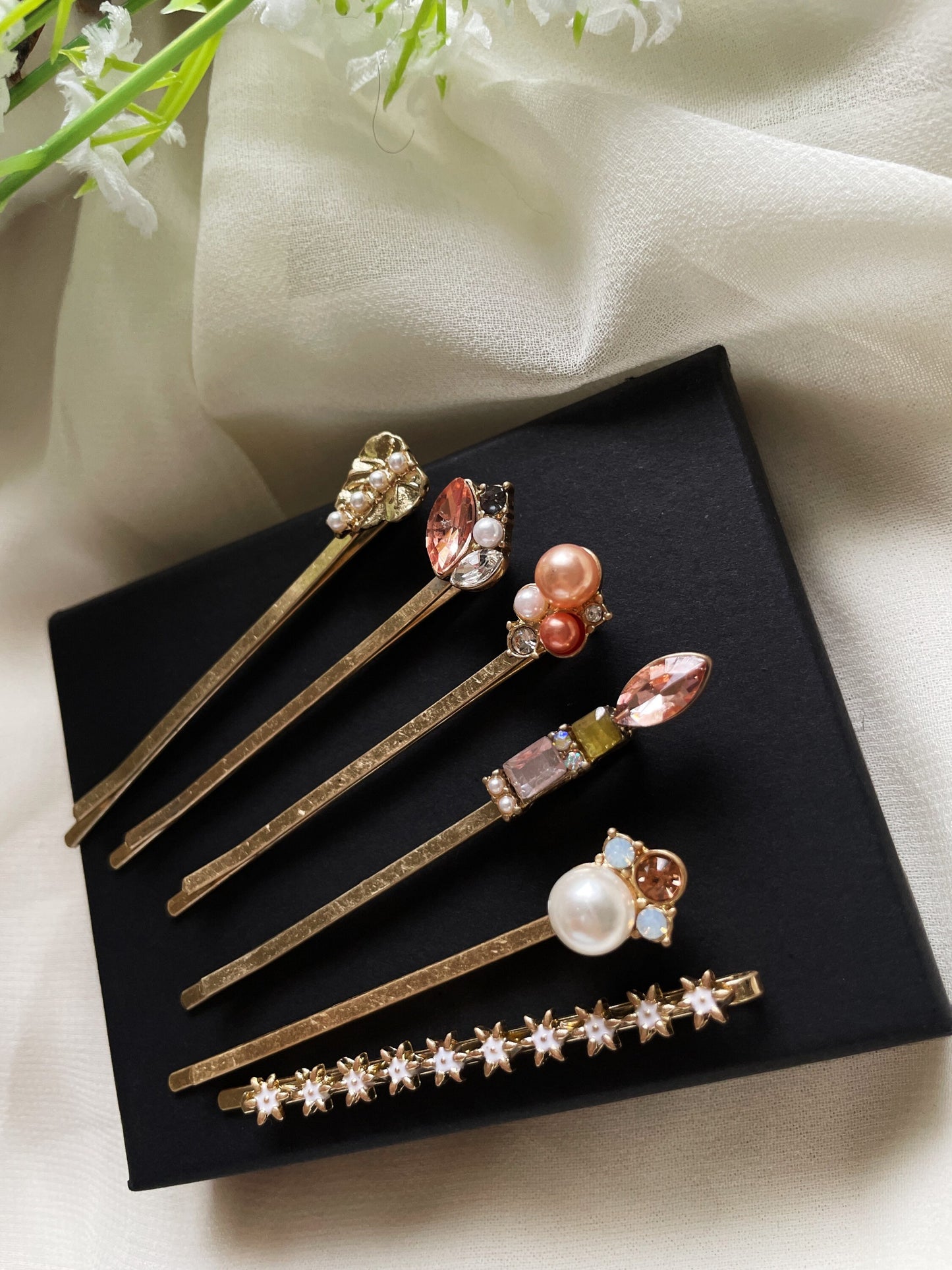 6 pack Vintage brass hair pins with rhinestones and resin stones | floral bobby pins | korean hair accessories | vintage hair slides