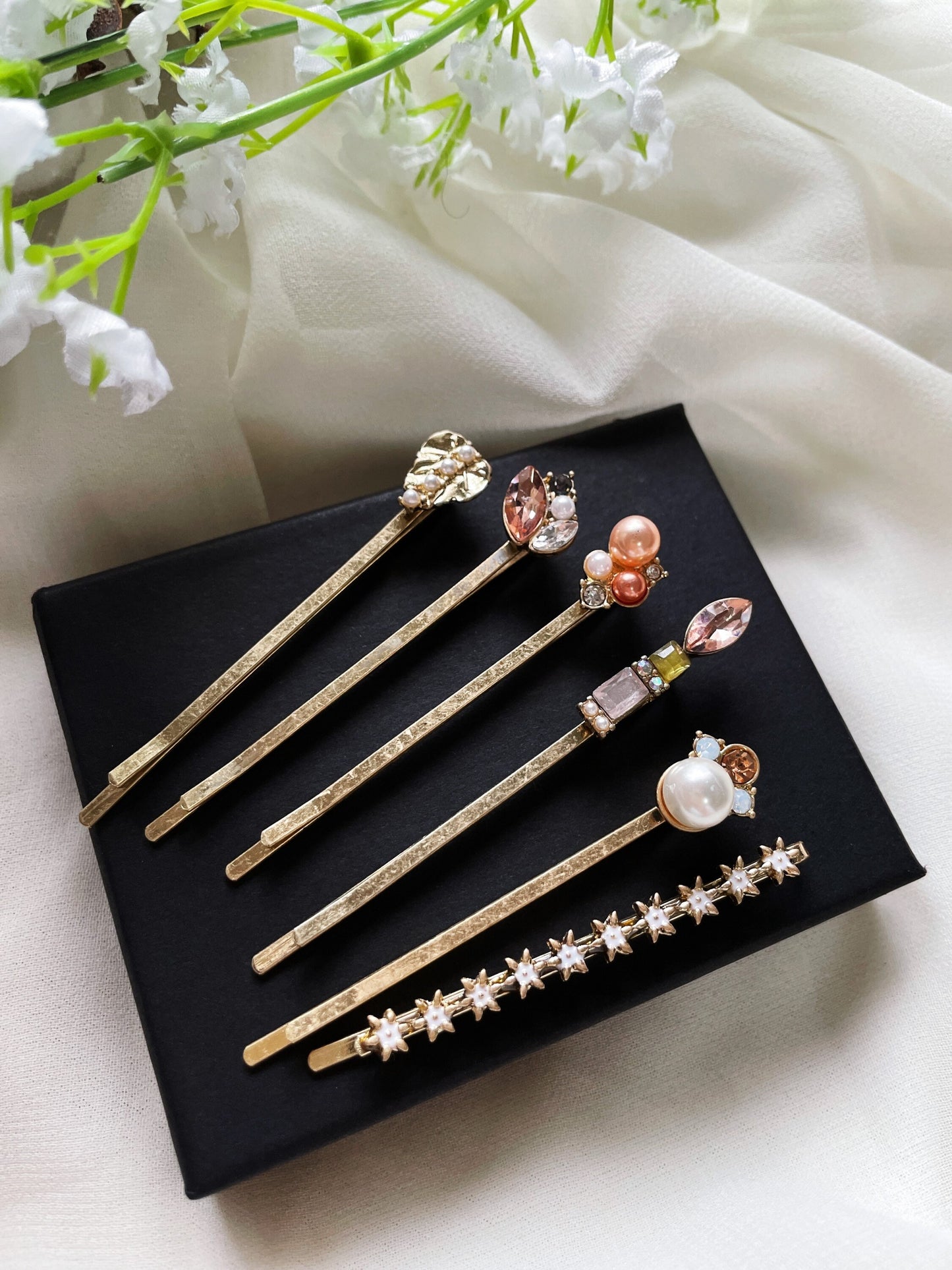 6 pack Vintage brass hair pins with rhinestones and resin stones | floral bobby pins | korean hair accessories | vintage hair slides