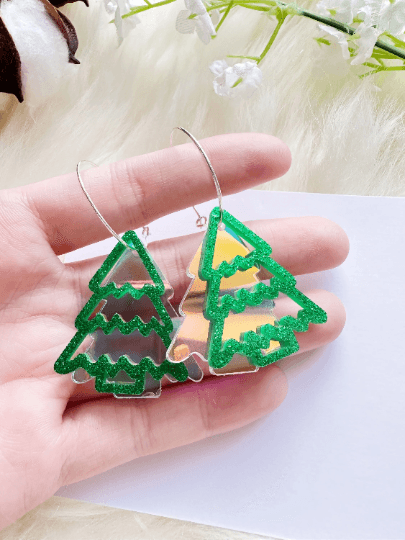 Iridescent Christmas tree earrings | light acetate laser cut | glitter green earrings | christmas party earrings - TuttyKnitty