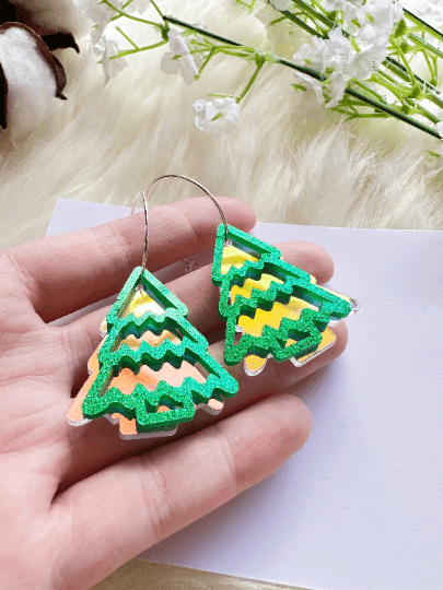 Iridescent Christmas tree earrings | light acetate laser cut | glitter green earrings | christmas party earrings - TuttyKnitty