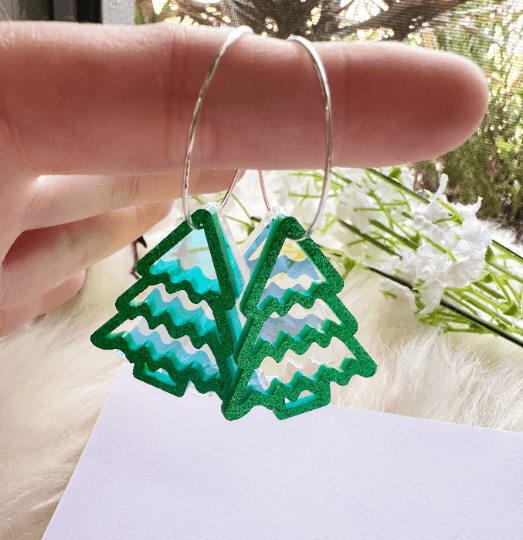 Iridescent Christmas tree earrings | light acetate laser cut | glitter green earrings | christmas party earrings - TuttyKnitty