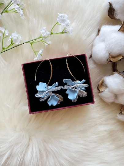 Iridescent petals earrings | frosted pink or blue golden hook flower earrings | bridal party wedding earrings - TuttyKnitty