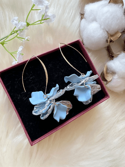 Iridescent petals earrings | frosted pink or blue golden hook flower earrings | bridal party wedding earrings - TuttyKnitty