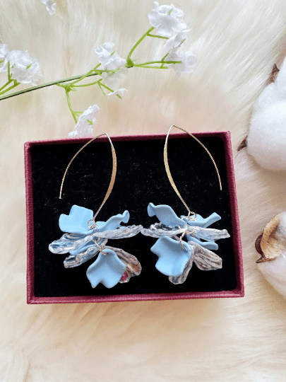 Iridescent petals earrings | frosted pink or blue golden hook flower earrings | bridal party wedding earrings - TuttyKnitty